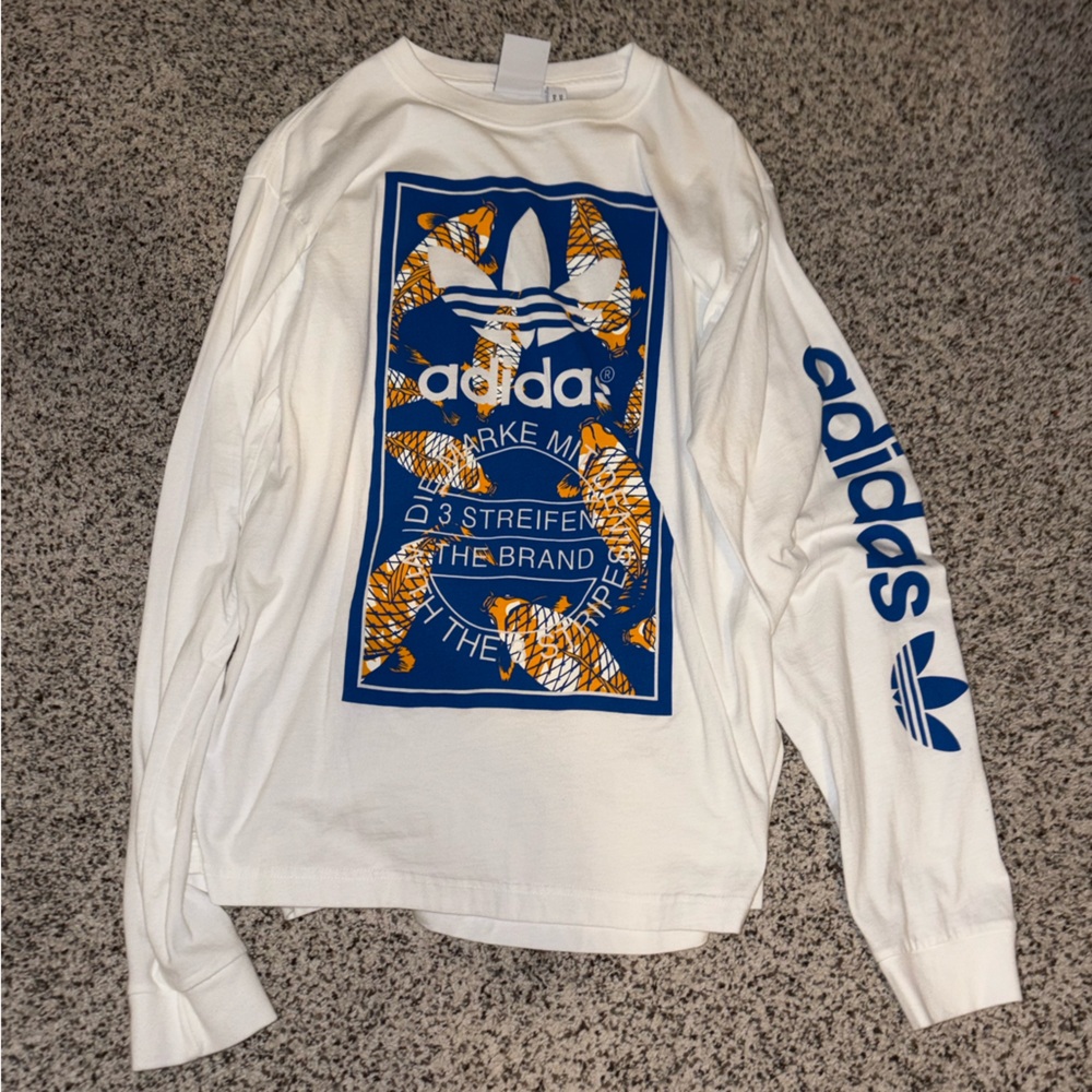 Adidas White Long Sleeve Shirt with Blue and Orange Graphic